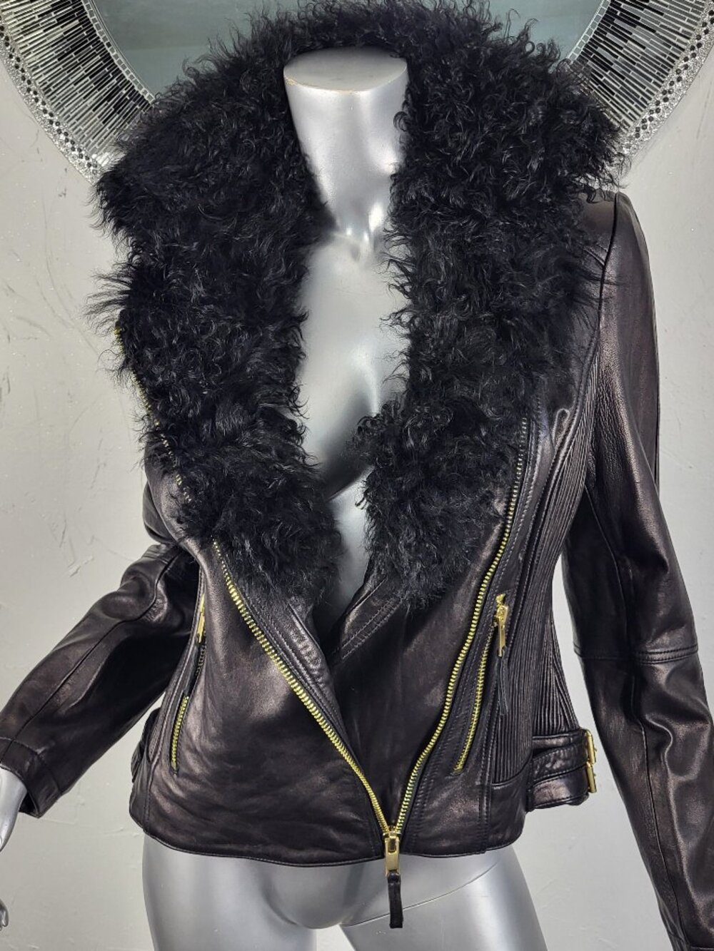 WILSON'S~M~BLACK GENUINE LEATHER REAL MONGOLIAN CURLY LAMB FUR MOTO JACKET COAT